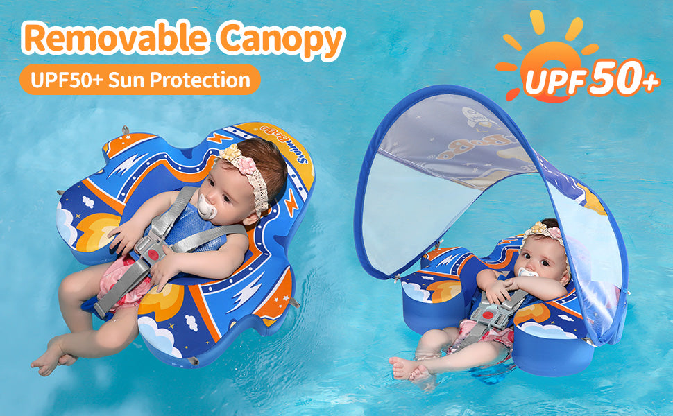 Blau Swimbobo Schwimmhilfe für Babys ohne Aufblasen mit Sonnenblende und Schwanz