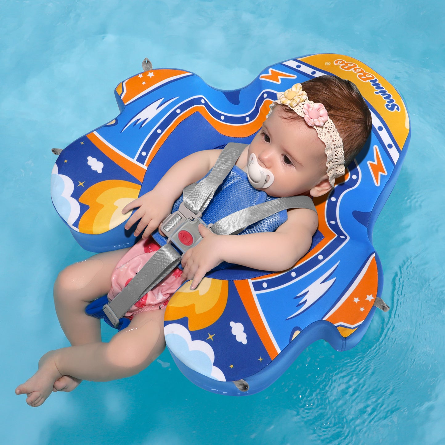Blau Swimbobo Schwimmhilfe für Babys ohne Aufblasen mit Sonnenblende und Schwanz