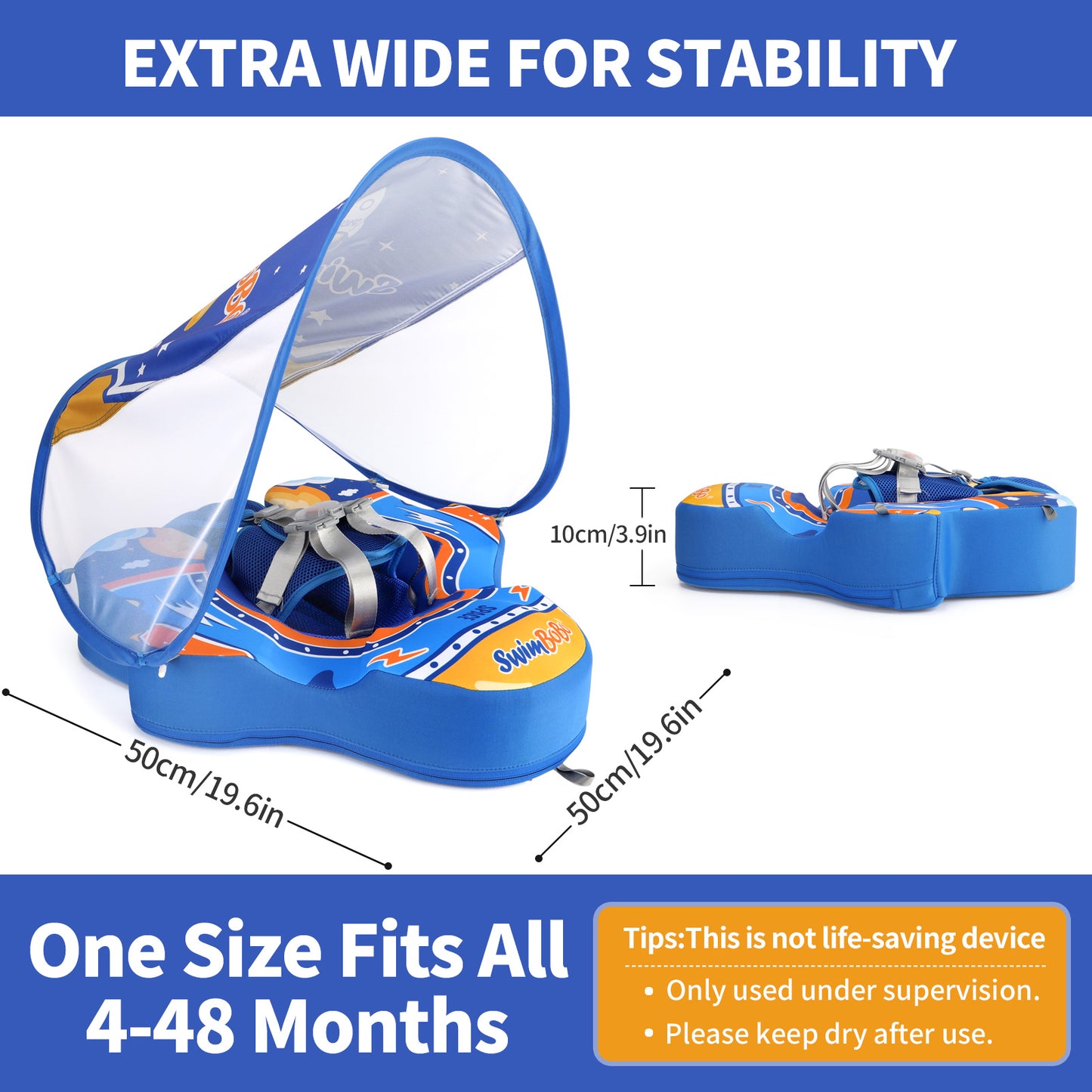Blau Swimbobo Schwimmhilfe für Babys ohne Aufblasen mit Sonnenblende und Schwanz
