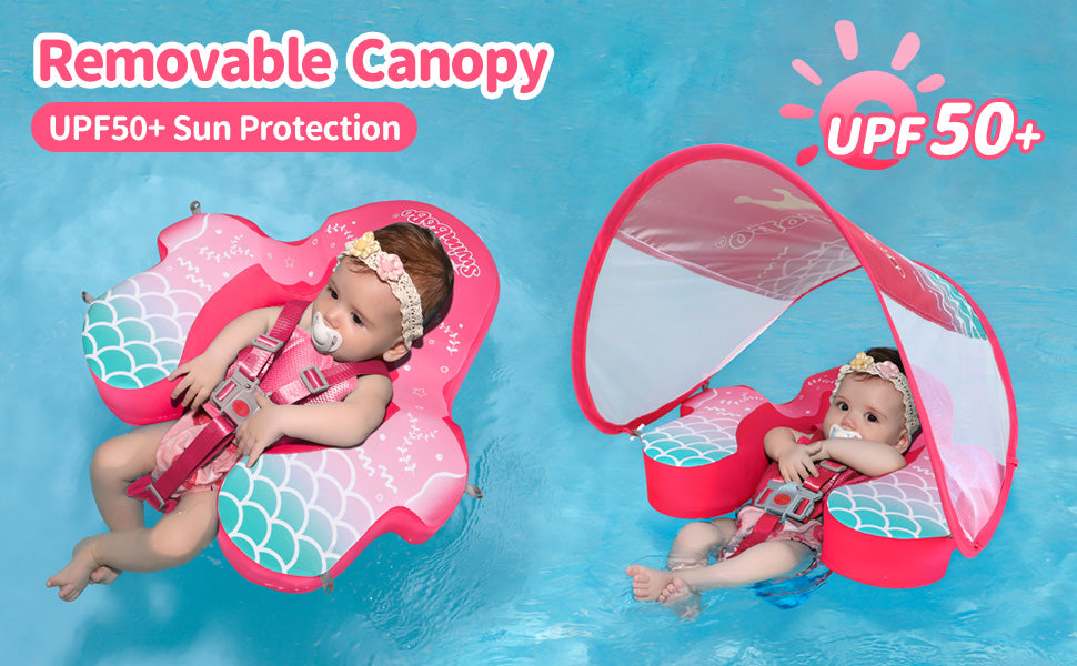 Rosa Swimbobo Schwimmhilfe für Babys ohne Aufblasen mit Sonnenblende und Schwanz
