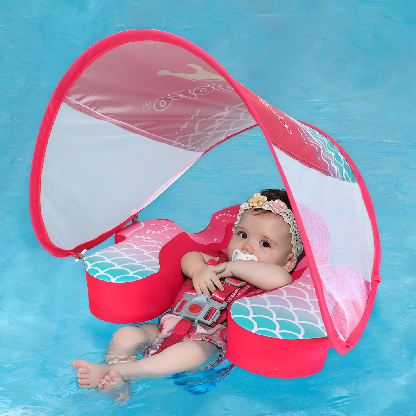 Rosa Swimbobo Schwimmhilfe für Babys ohne Aufblasen mit Sonnenblende und Schwanz