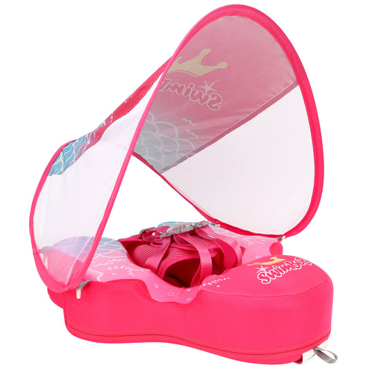 Rosa Swimbobo Schwimmhilfe für Babys ohne Aufblasen mit Sonnenblende und Schwanz