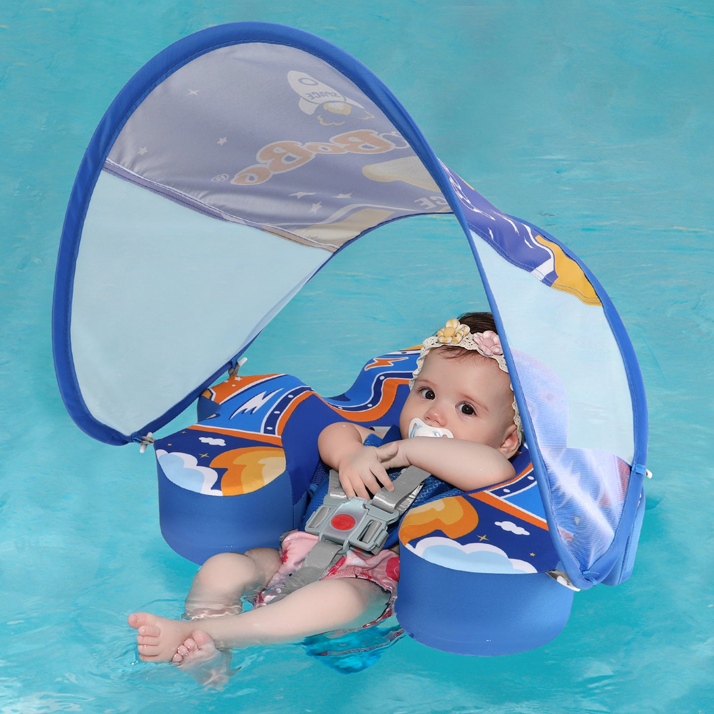 Blau Swimbobo Schwimmhilfe für Babys ohne Aufblasen mit Sonnenblende und Schwanz