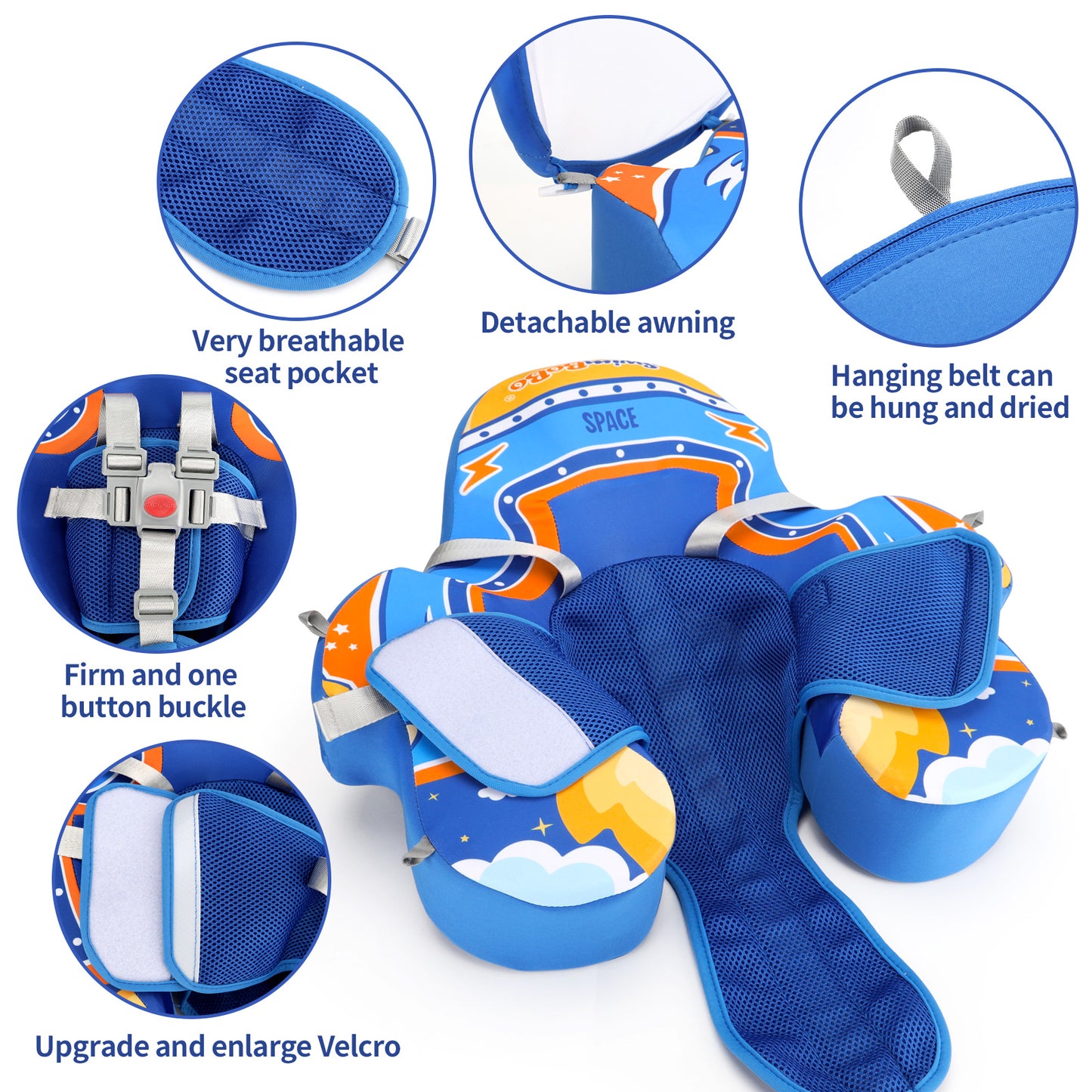 Blau Swimbobo Schwimmhilfe für Babys ohne Aufblasen mit Sonnenblende und Schwanz
