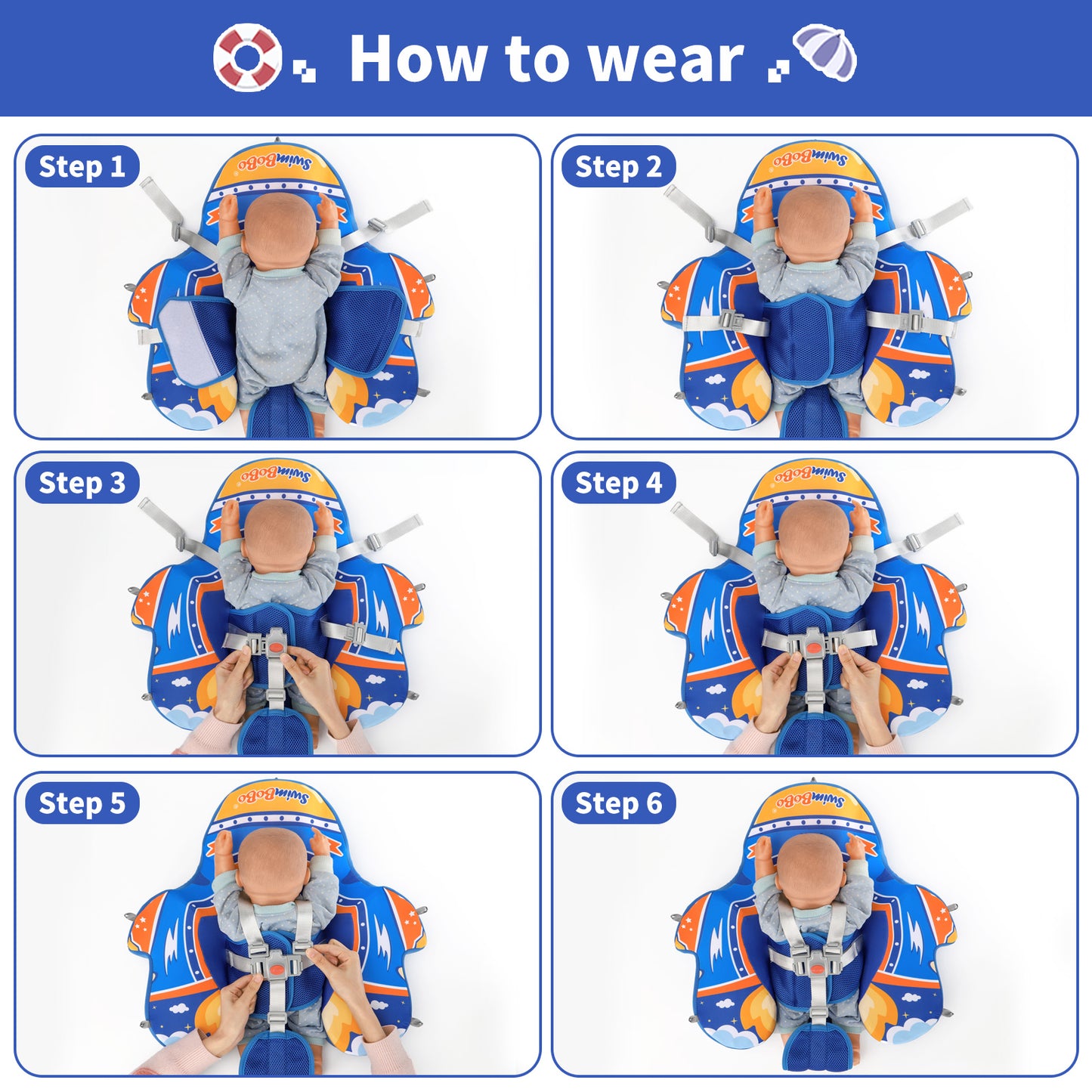 Blau Swimbobo Schwimmhilfe für Babys ohne Aufblasen mit Sonnenblende und Schwanz