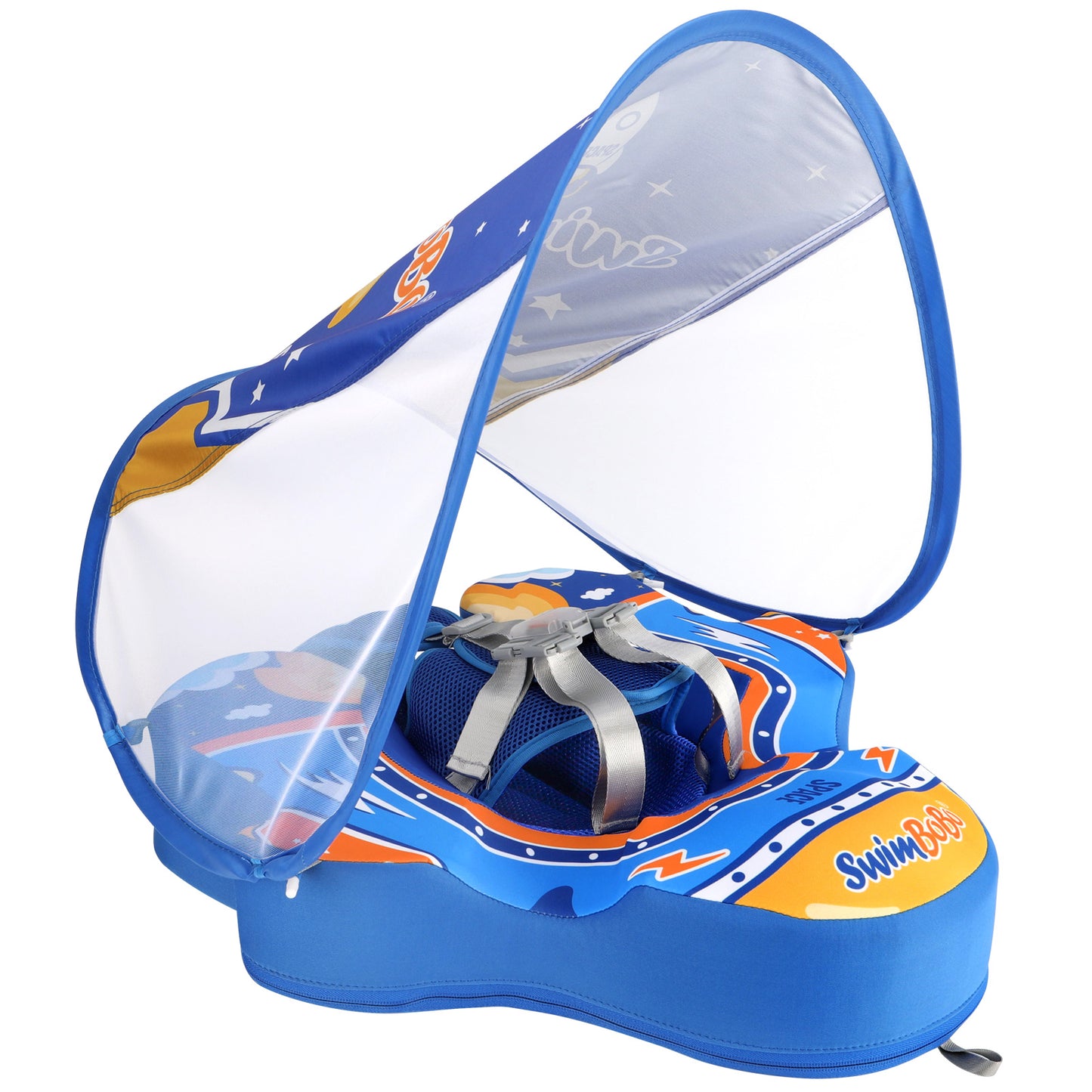 Blau Swimbobo Schwimmhilfe für Babys ohne Aufblasen mit Sonnenblende und Schwanz