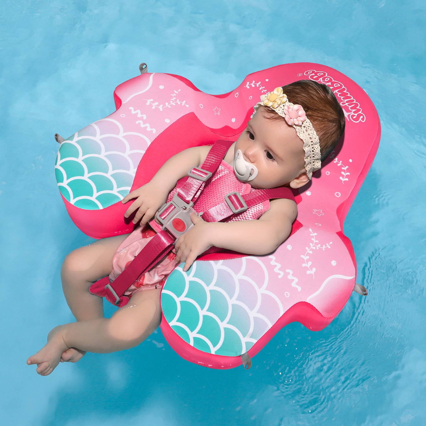 Rosa Swimbobo Schwimmhilfe für Babys ohne Aufblasen mit Sonnenblende und Schwanz