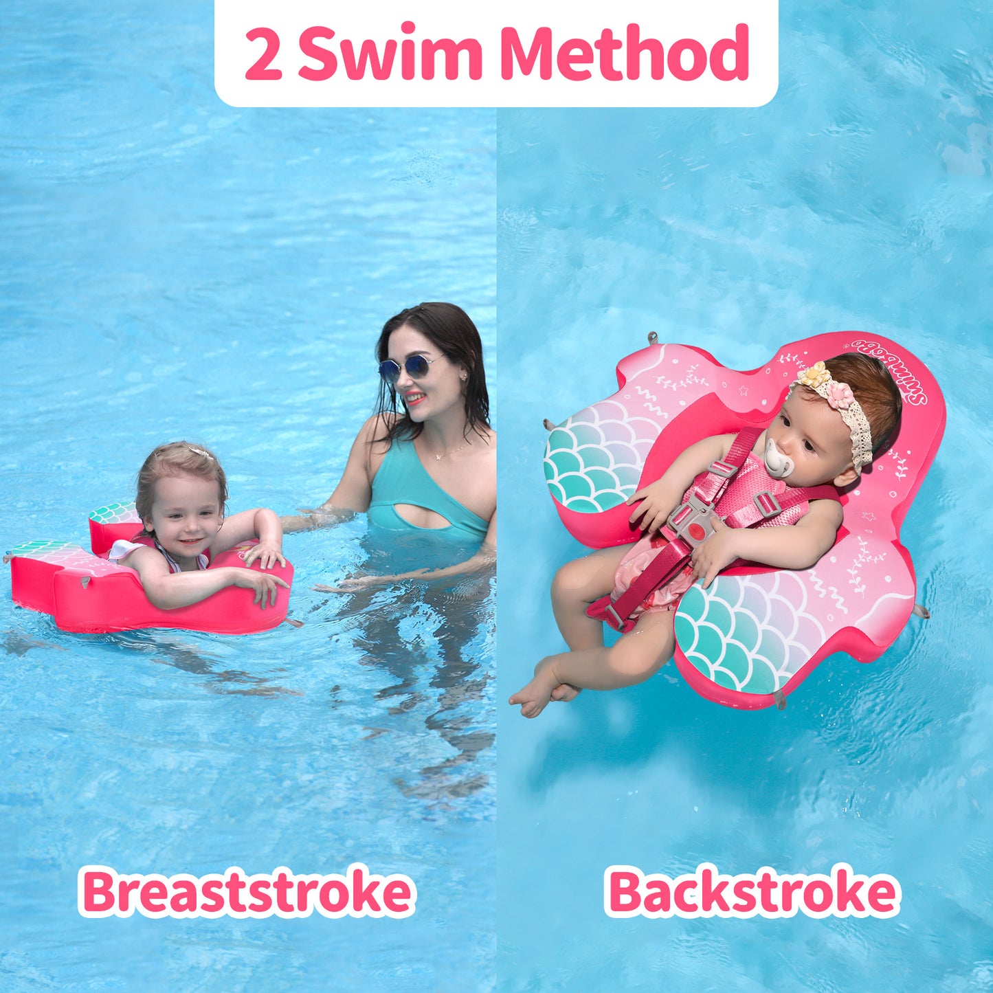 Rosa Swimbobo Schwimmhilfe für Babys ohne Aufblasen mit Sonnenblende und Schwanz