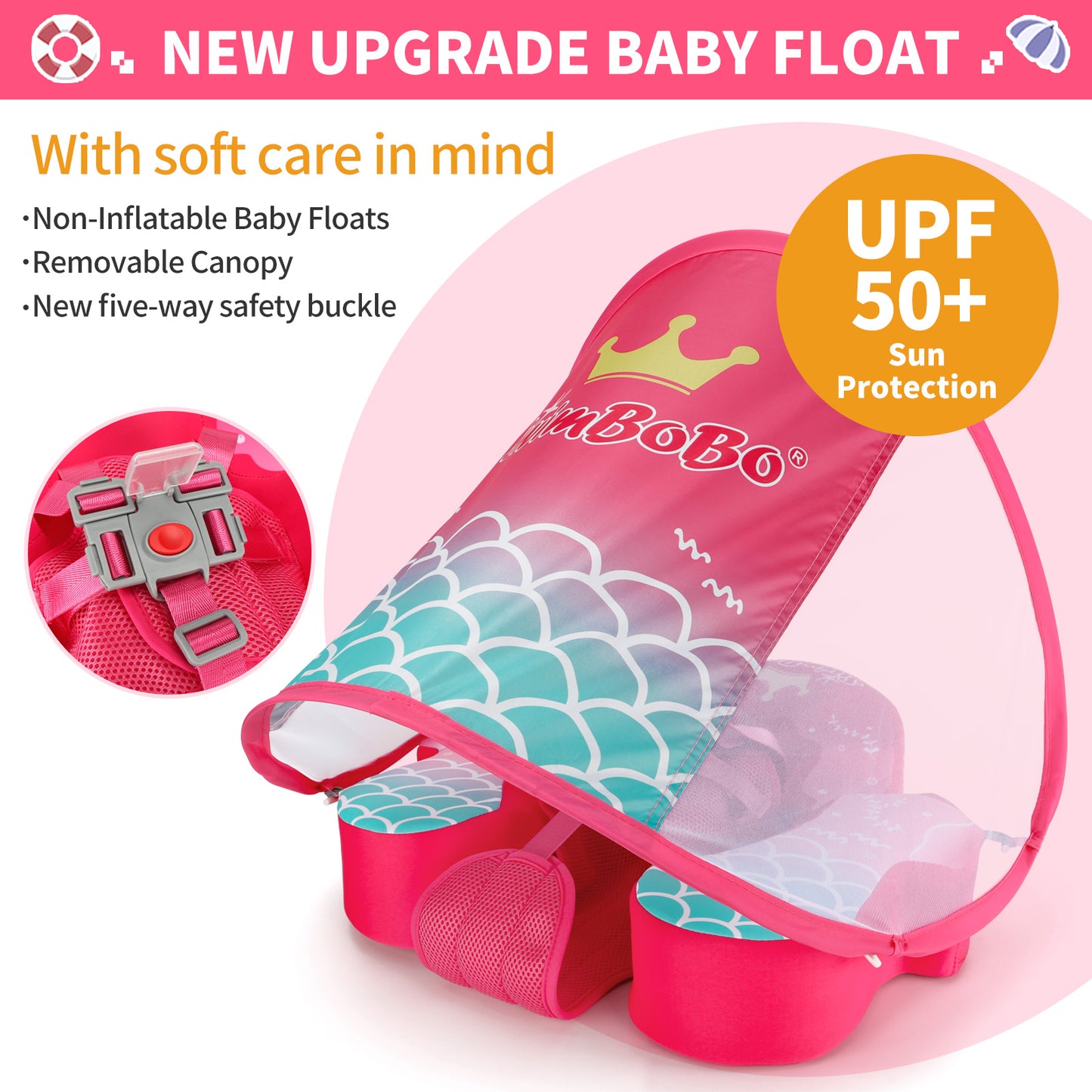 Rosa Swimbobo Schwimmhilfe für Babys ohne Aufblasen mit Sonnenblende und Schwanz