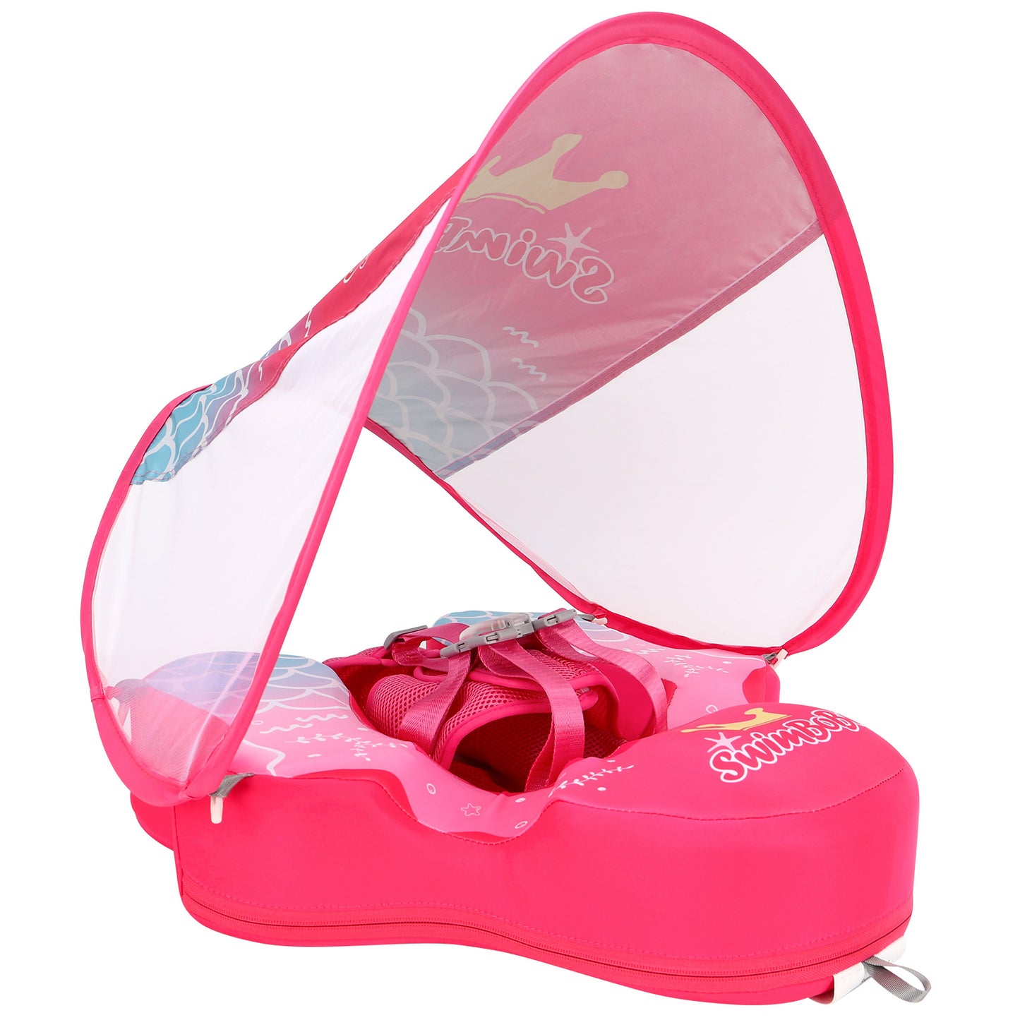 Rosa Swimbobo Schwimmhilfe für Babys ohne Aufblasen mit Sonnenblende und Schwanz